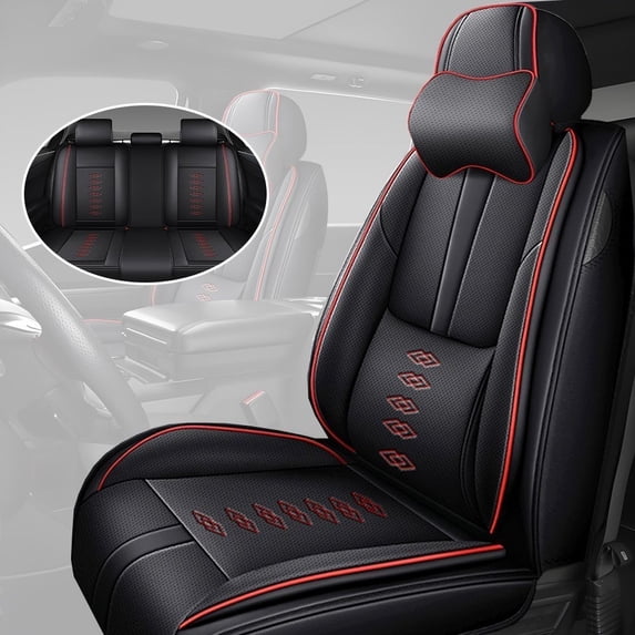 2023 Car Seat Cover for JEEP RENEGADE , PU Leather 5 Piece Full Set With a Headrest and Lumbar Support Waterproof, Black and Red Edges Car Seat Covers, Protect Car Seats