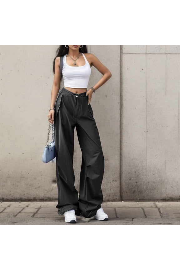 2023 Cargo Pants Woman Relaxed Fit Baggy Clothes Black Pants High Waist Zipper Slim Drawstring Waist With Pockets Loose Plus Size Womans Parachute Pant Green Cargo Joggers Pants Womens plus Size