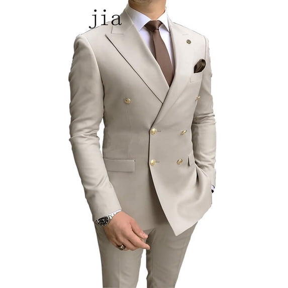 2023 Casual Sky Blue Men Suits Double Brested Lapel Gold Button Groom Wedding Tuxedos Best 2 Pcs Blazers Jacket Pants Set