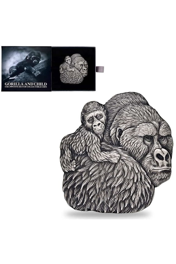 2023 Chad 1 oz Silver Gorilla and Child Shaped Antiqued High Relief Coin .999 Fine (w/Box)