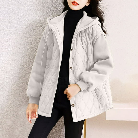 2023 Charella Women's Hooded Winter Coats Warm Cotton Zip up Quilted Jackets White,XL