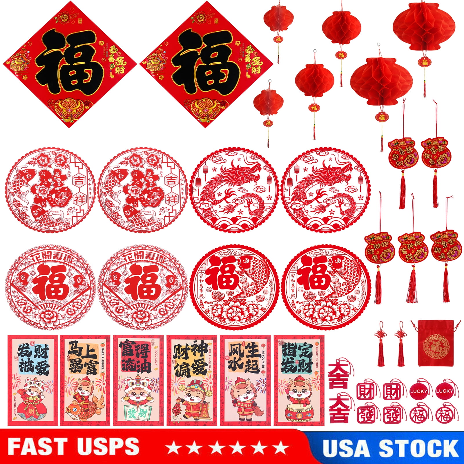 38 PCS Chinese Lunar New Year 2026 Decor Red Paper-cuts Lanterns Horse ...
