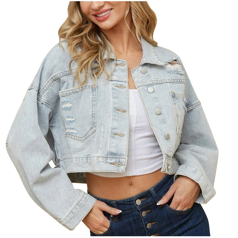 2023 Clothes Fall Fashion Outerwears Plus Size Collared Shirt Button Down  Jean Jacket Winter Crop Tops Solid Color Casual Denim Jacket for Women  Black M 