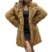 CZHJS 2023 Clothes Fall Fashion Lapel Cardigan Winter Overcoat Faux Furry Jacket Solid Color Outerwears Open Front Lapel Plus Size Long Coat for Women Brown XXL
