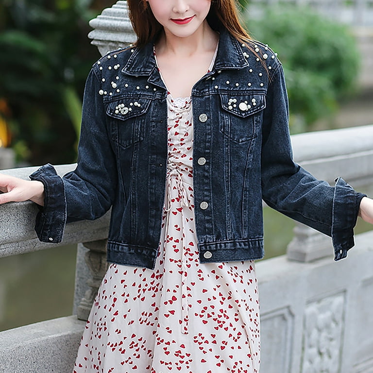 2023 Clothes Fall Fashion Outerwears Plus Size Collared Shirt Button Down  Jean Jacket Winter Crop Tops Solid Color Casual Denim Jacket for Women  Black L 