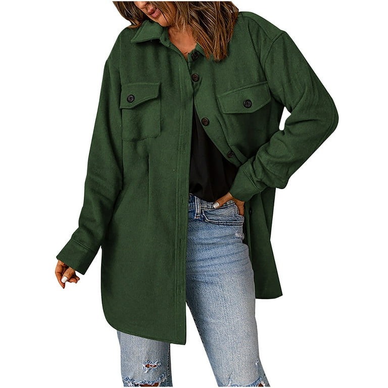 2023 Clothes Outerwears Open Front Lapel Plus Size Winter Lightweight Long  Coat Collared Long Shirt Long Sleeve Jacket Fall Fashion Solid Color for  Women Green M 