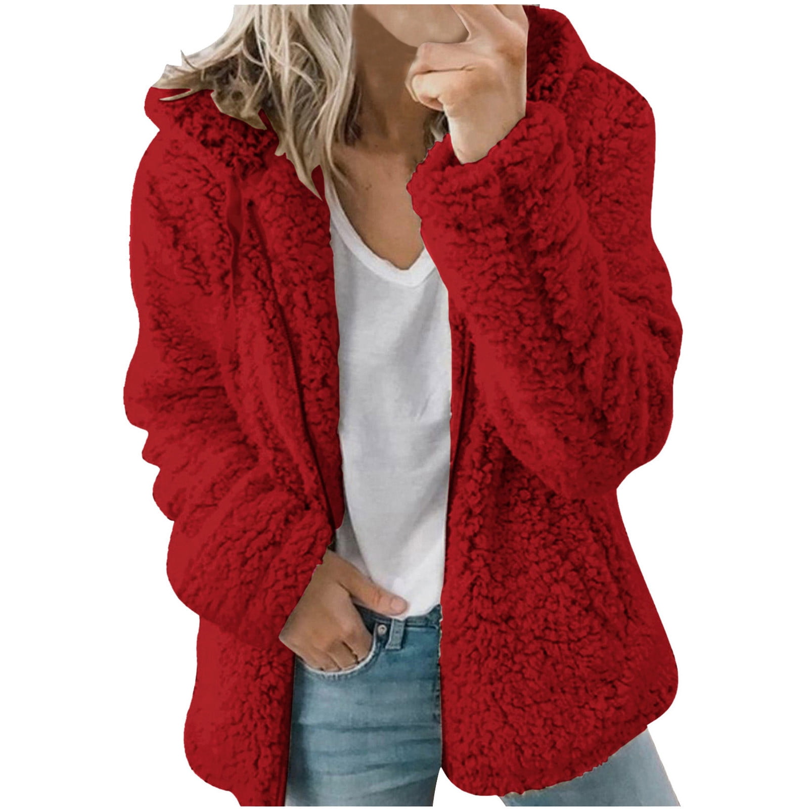 Women's S-5XL Plus Size Soild Color Sherpa Fleece Jacket Fuzzy Cardigan  Zipper with Pockets, Faux Shearling Coat Long Sleeve Lapel Top