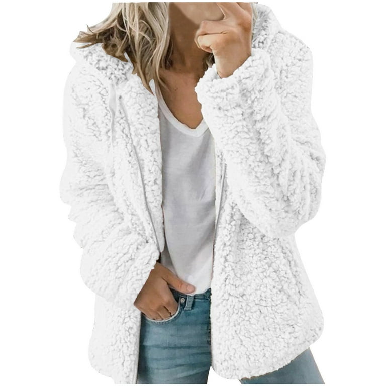 2023 Clothes Outerwears Plus Size Fuzzy Fleece Sherpa Jackets Hooded Sweatshirt Zip Up Cardigan Winter Warm Coat Solid Color Fall Fashion for Women