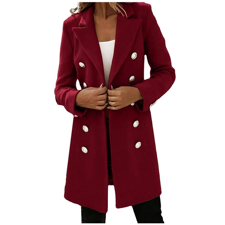 2023 Clothes Plus Size Outerwears Fall Fashion Open Front Lapel Solid Color Lapel Coat Long Sleeve Jacket Winter Long Trench Coat for Women Wine M