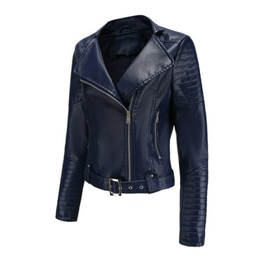 2024 Clothes Plus Size Winter Warm Coat Solid Color Biker Motorcycle Jacket Outerwears Fall Fashion Open Front Lapel Faux Leather Jacket for Women Blue L