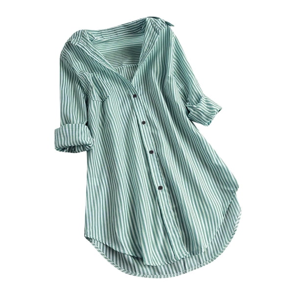 2023 Cotonie Blouses for Women Plus Size Loose Button down Stripe Long Sleeve Shirt Tops Office Work Blouses,Green,S