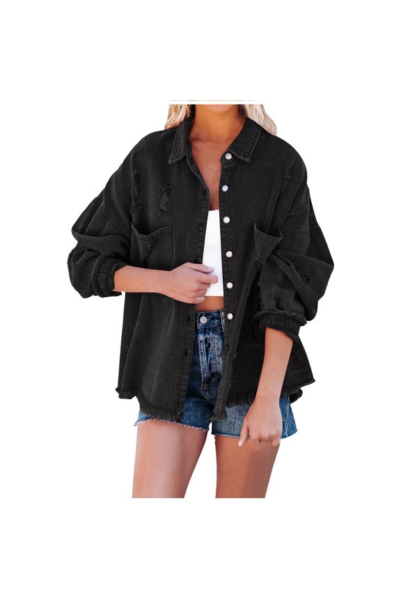 2023 Cotonie Plus Size Casual Womens Ladies Denim Oversize Jeans Chain Jacket pocket Coat,Black,S