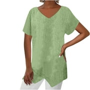 2023 Cotonie Women Casual Lotu Sleeve V-Neck Stripe Printing Irregular Blouse Tops T-Shirt,Green,XXL