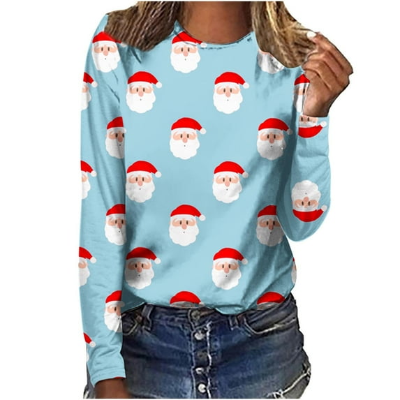 Black and Friday Deals 2023 Cotonie Women's Christmas Santa Printed T-shirt Long Sleeve Sweatshirt Crew Neck Blouse Casual Pullover Fashion Tops,Blue,M