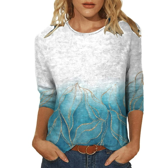 2023 Cotonie Women's Coloured Printed T-shirt 3/4 Sleeves Pullover Round Neck Blouse 2023 Trendy Casual Tops,Gray,L