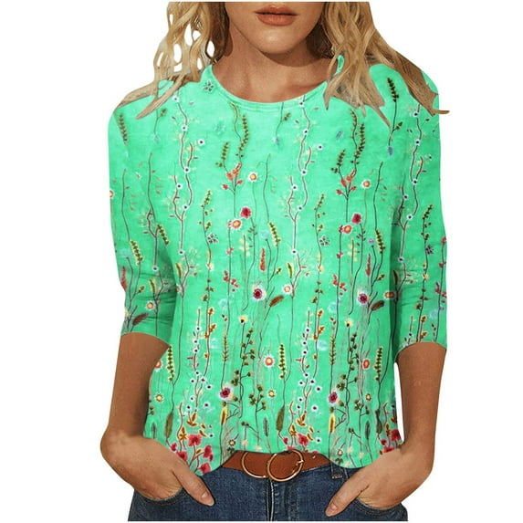 2023 Cotonie Women's Coloured Printed T-shirt 3/4 Sleeves Pullover Round Neck Blouse 2023 Trendy Casual Tops,Green,S