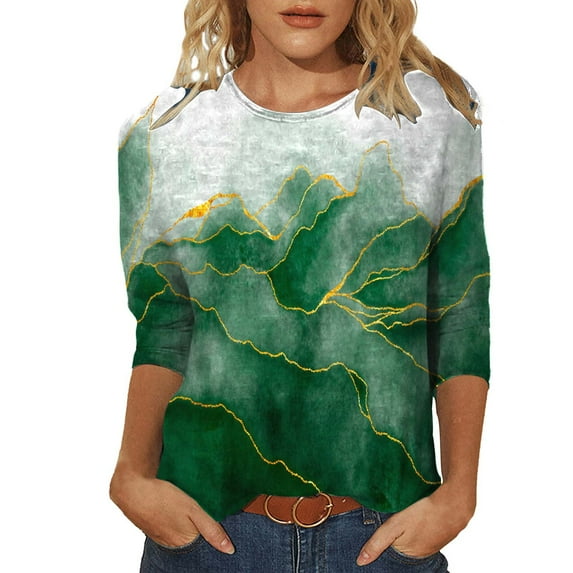 2023 Cotonie Women's Coloured Printed T-shirt 3/4 Sleeves Pullover Round Neck Blouse 2023 Trendy Casual Tops,Green,S
