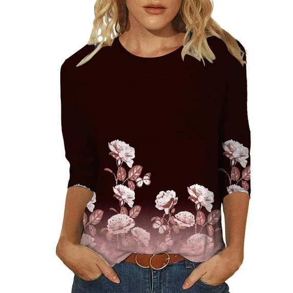 2023 Cotonie Women's Coloured Printed T-shirt 3/4 Sleeves Pullover Round Neck Blouse 2023 Trendy Casual Tops,Pink,M