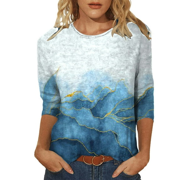 2023 Cotonie Women's Coloured Printed T-shirt 3/4 Sleeves Pullover Round Neck Blouse 2023 Trendy Casual Tops,Sky Blue,L