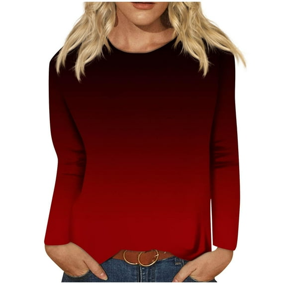 Black and Friday Deals 2023 Cotonie Women's Gradient Color Sweatshirt Long Sleeve T-shirt Round Neck Pullover 2023 Trendy Casual Tops,Wine,M