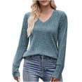 thumbnail image 1 of 2023 Cotonie Women's V-Neck Solid Color Long Sleeve Tops T-shirt Casual Summer Autumn Blouse Basic Tops,Blue,L, 1 of 6