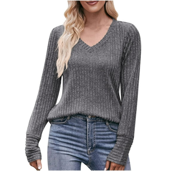 Black and Friday Deals 2023 Cotonie Women's V-Neck Solid Color Long Sleeve Tops T-shirt Casual Summer Autumn Blouse Basic Tops,Dark Gray,S