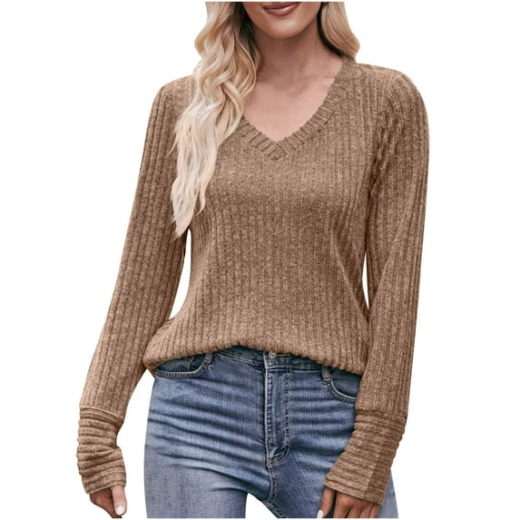 Black and Friday Deals 2023 Cotonie Women's V-Neck Solid Color Long Sleeve Tops T-shirt Casual Summer Autumn Blouse Basic Tops,Khaki,M
