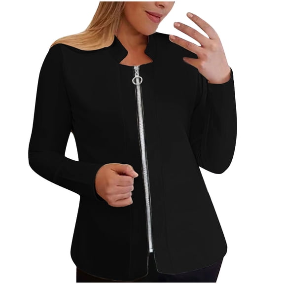 2023 Cotonie Zipper Blazer for Women Casual Business Work Cropped Jackets Long Sleeve Solid Office Short Cardigans,Black,L