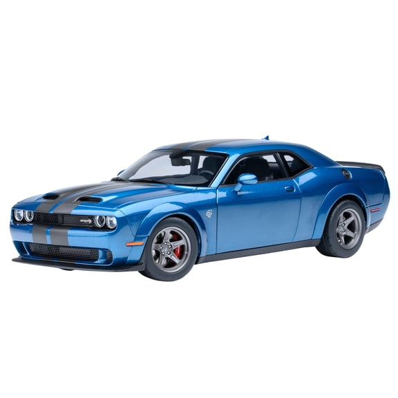 2023 Dodge Challenger SRT Super Stock Frostbite Blue Metallic with Carbon Stripes 1/18 Model Car by Autoart