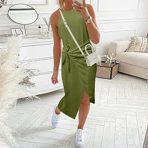 2023 Dress Fashion New Benchmark HIMIWAY Women's Fashion Long Striped Off Shoulder Strap Slit Midi Soft Wrap Dress Army Green XL