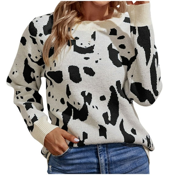 2024 Fall Winter Crewneck Knit Sweaters for Women Long Sleeve Print Pullover Tops Trendy Casual Knitwear Outwear