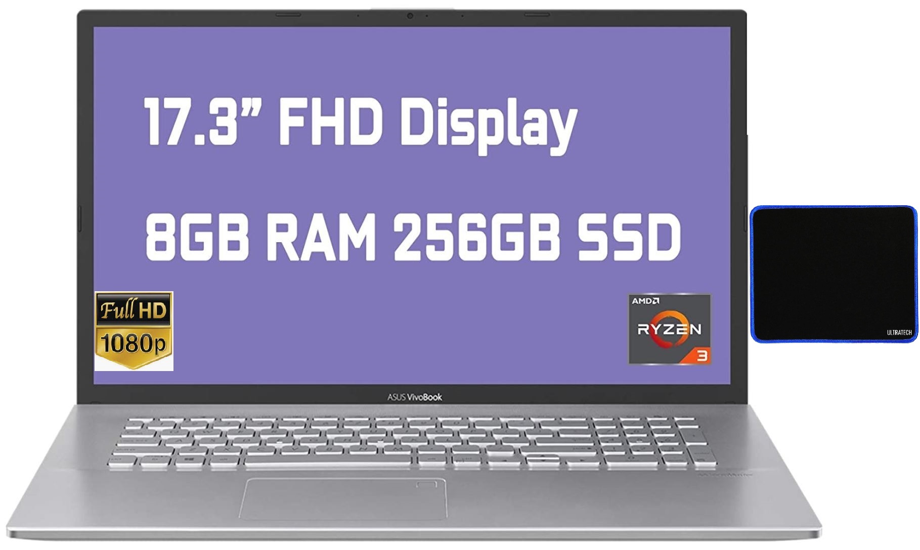 Flagship Asus VivoBook 17 Business Laptop 17.3” FHD Display AMD Ryzen 3 3250U Processor 8GB RAM 256GB SSD USB-C HDMI SonicMaster Win10 with UltraTech Mouse Pad Bundled - image 1 of 8