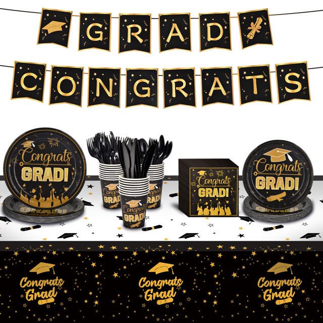 2023 Graduation Party Supplies Tableware Set,Black Gold Disposable