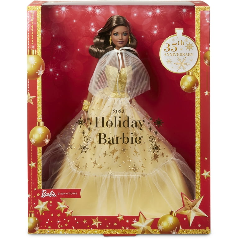 2023 Holiday Barbie Doll Seasonal Collector Gift Golden Gown and Dark Brown Hair