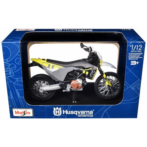 2023 Husqvarna 701 Supermoto Motorcycle Matt Black and Gray with Yellow and White Accents with Base 1/12 Diecast Model by Maisto