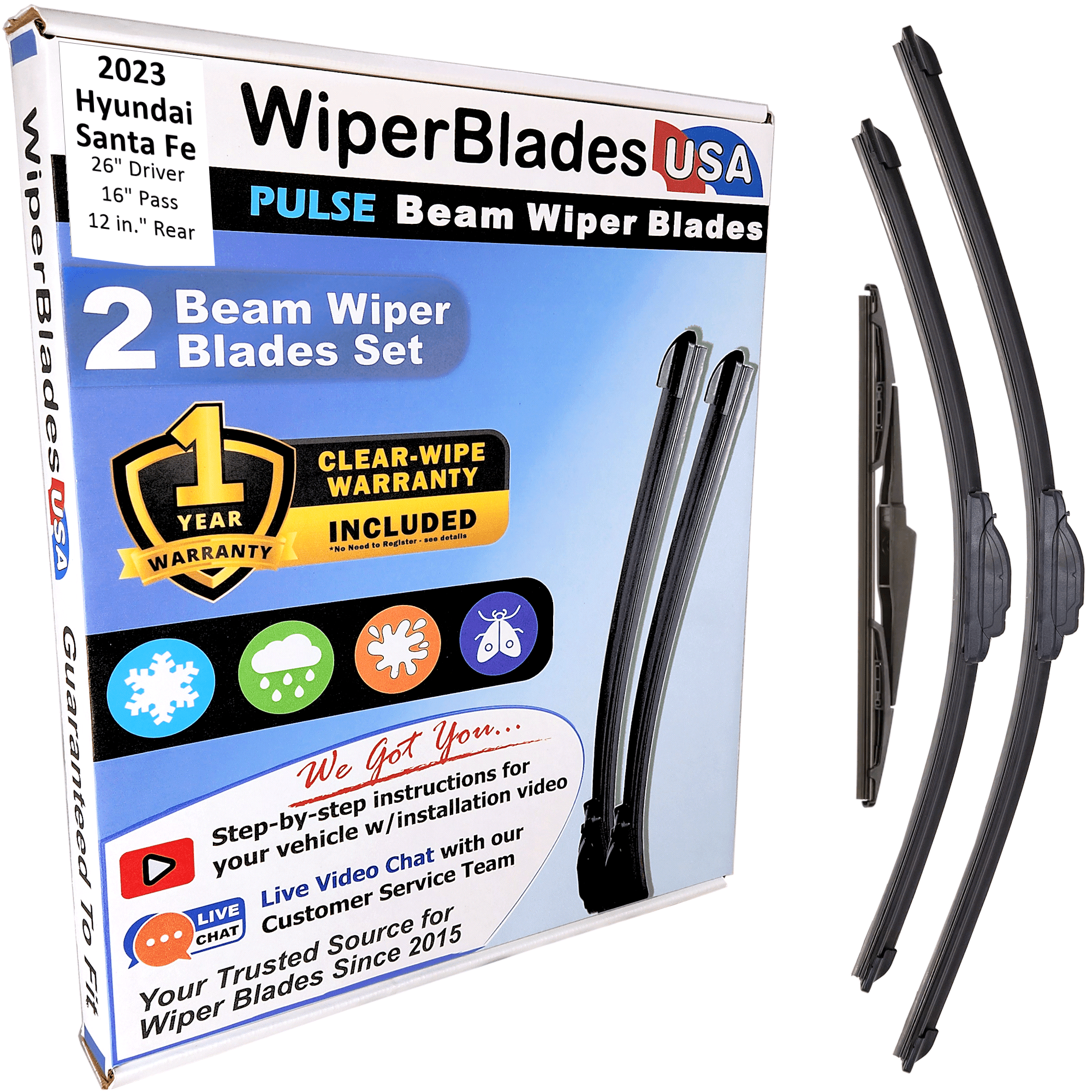 2023 Hyundai Santa Fe Beam Wiper Blades Wipers w/1yr Warranty (Set of 3) w/Rear Wiper (WiperBladesUSA)