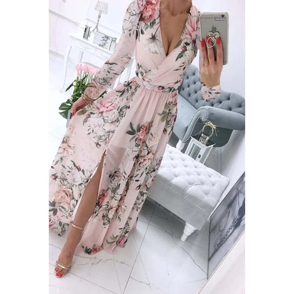 2023 Independent station wish Express new summer long-sleeved V-neck chiffon print Bohemian dress women