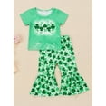 thumbnail image 1 of 2023 Kid Baby Girl St. Patrick\'s Day Outfit Clover Print Short Sleeve Shirt Bell-Bottom Long Pants Green Suit (Green, 5-6 Years), 1 of 9