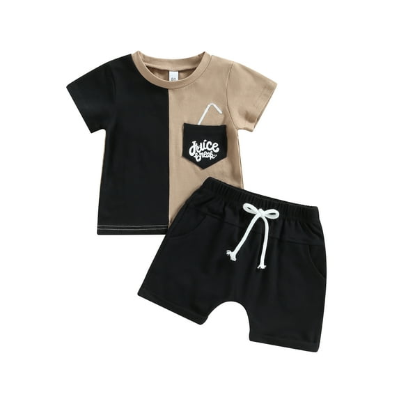 2023 Kids Baby Boys Summer Outfits Contrasting Color Short Sleeve T-shirt with Juice Pockets and Casual Elastic Shorts Set(Juice,6-12 Months)