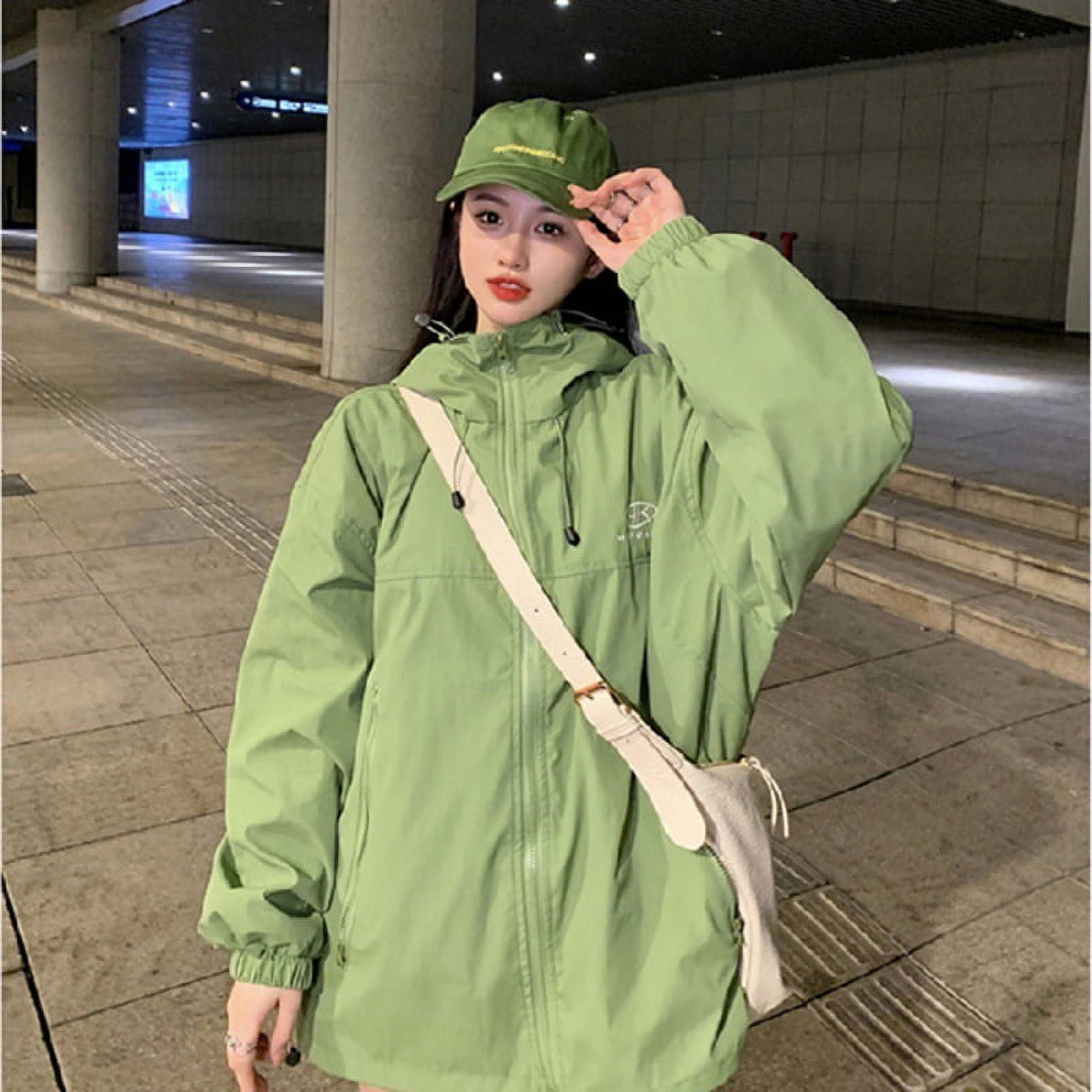 2023 Korean Style Hooded Jacket Coat Women‘s Autumn Green Loose