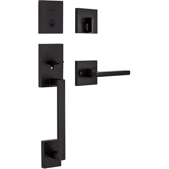 Kwikset 98180-020 San Clemente Single Cylinder Low Profile Front Lock Handleset with Halifax Door Handle Lever Featuring SmartKey Security, Matte Black