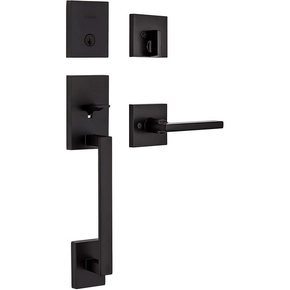 Kwikset 98180-020 San Clemente Single Cylinder Low Profile Front Lock Handleset with Halifax Door Handle Lever Featuring SmartKey Security, Matte Black