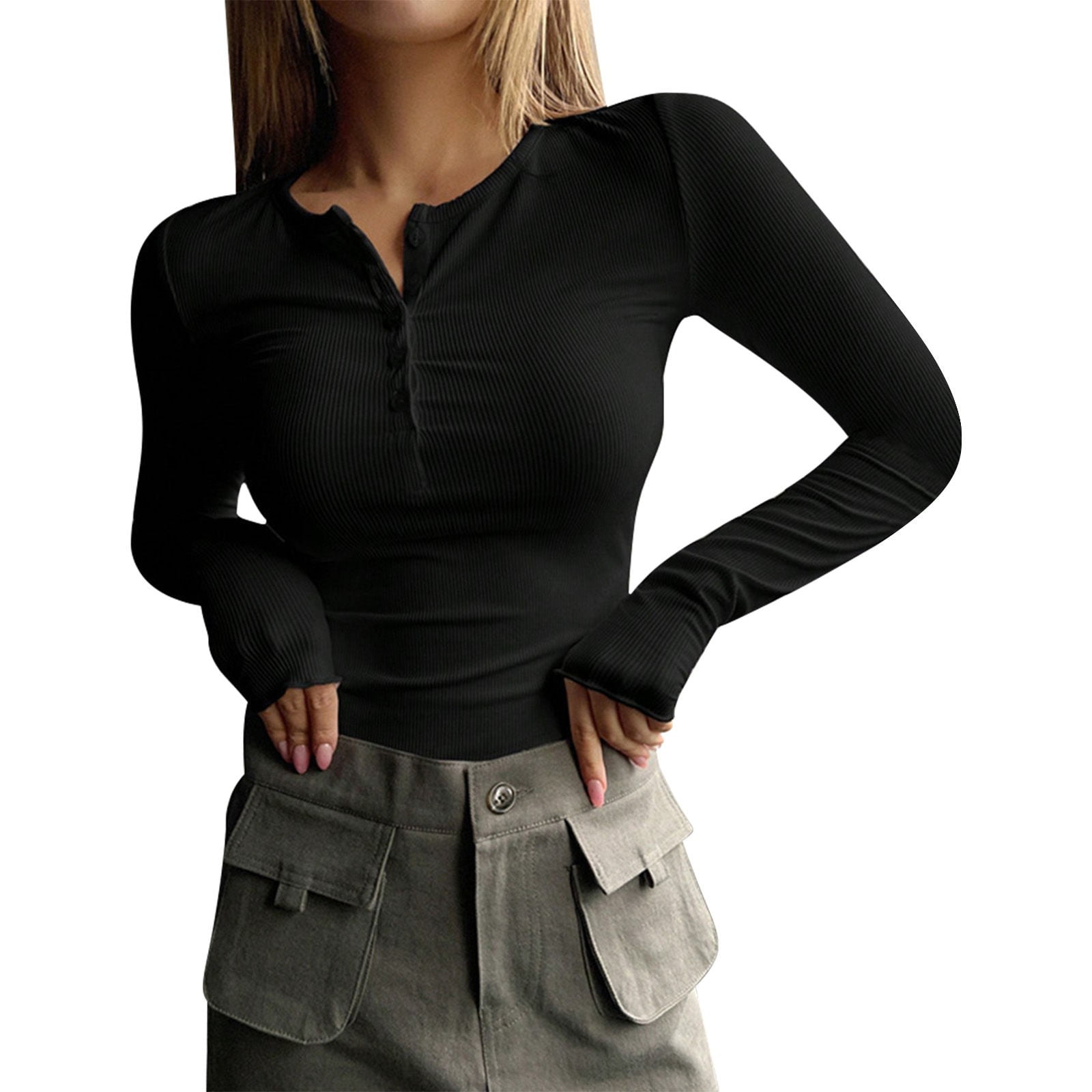 Women's Long Sleeve Ribbed Knit Tunic Top - Scoop Neck, Button Detail, Slim Fit Blouse - View #7