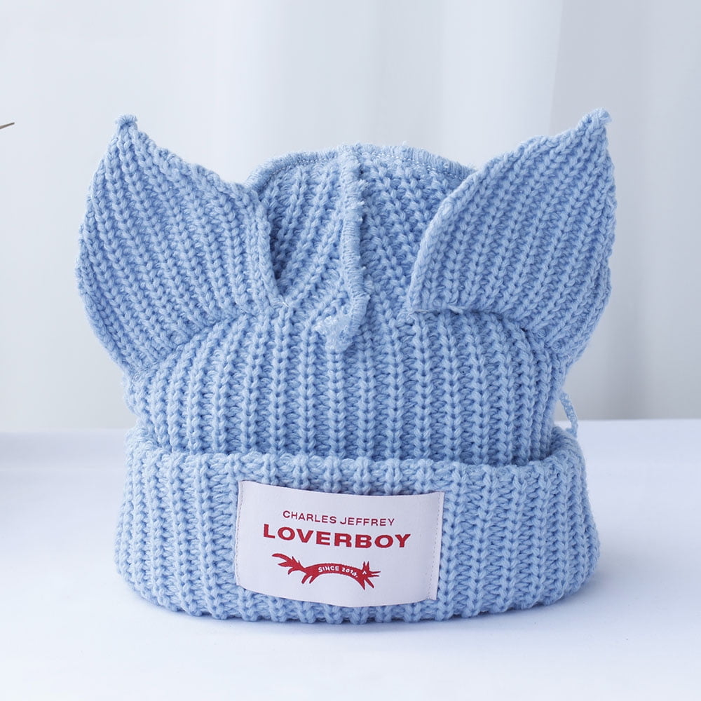 2023 Loverboy Cat Ear Knit Hat solid Warm Pig Ear Woolen Hat