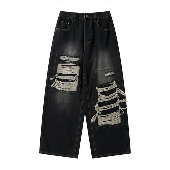 2023 MRNEARLY American High end Perforated Denim Pants for Men‘s Design Sense Small and Loose Wide Leg Straight Leg Pants hiphop