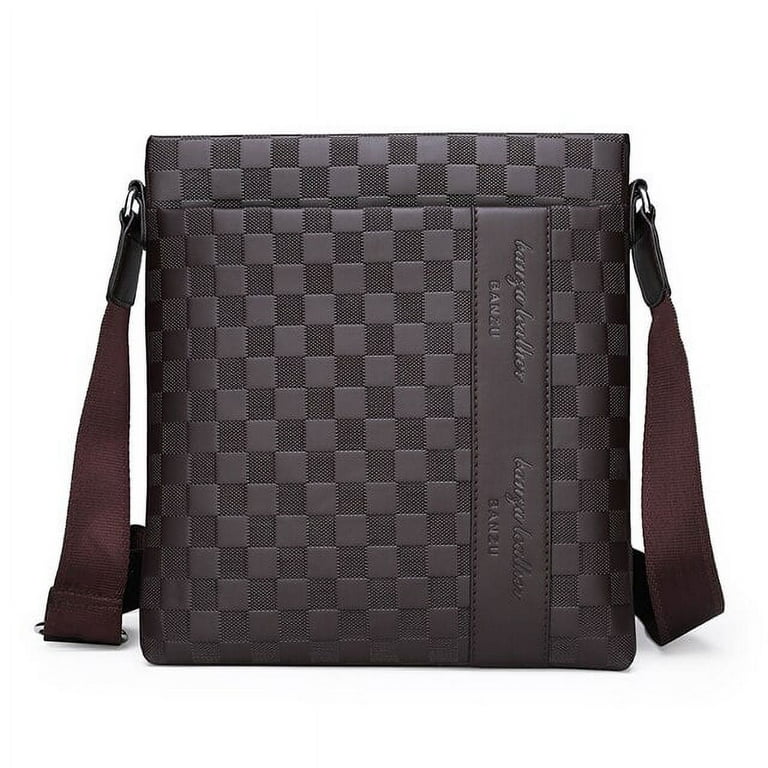 Men Outdoor Plaid Shoulder Bag Pu Leather Crossbody Pouch Adjustable Strap  Casual Messenger Bag