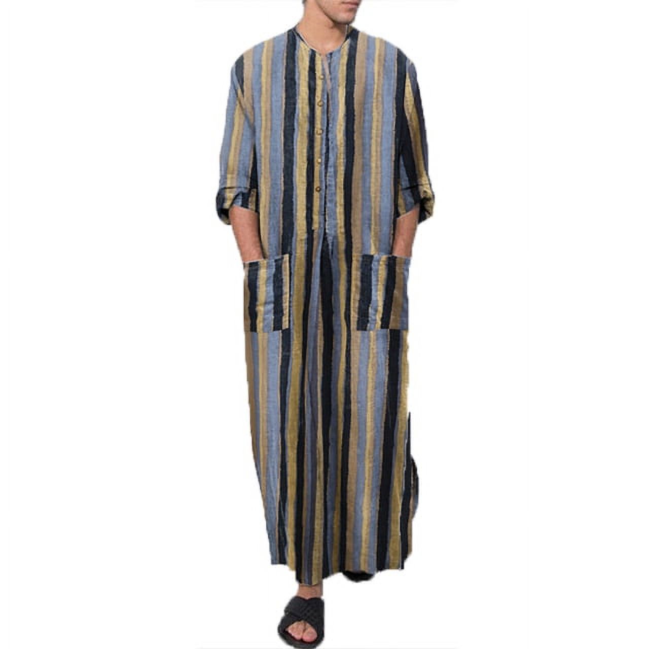 2023 Men‘s Muslim Long Sleeve Cotton Striped Robes Summer Islamic