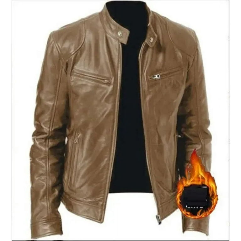 2023 Men s PU Leather Jacket Stand Collar Zipper slim leather jacket men s zipper cardigan pu men s leather jacket Walmart