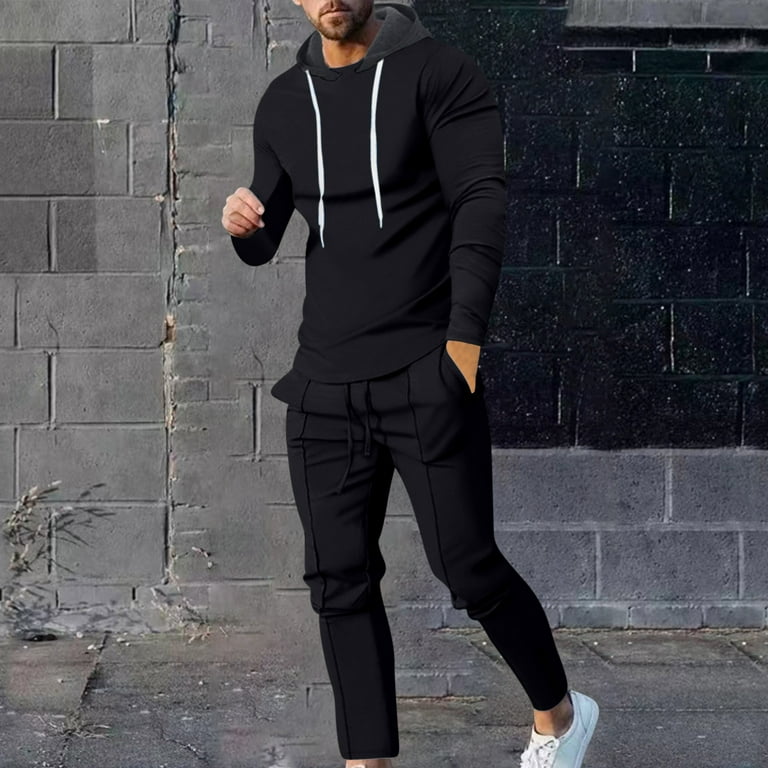 2023 Men s Tracksuit 2 Piece Hooded Athletic Sweatsuits Solid