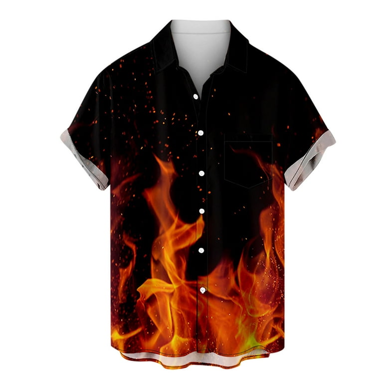 2023 Mens Shirt Flame Print Graphic Button Down Short Sleeve Casual T-Shirt  Fashion Loose Beach Tops Tee Shirts
